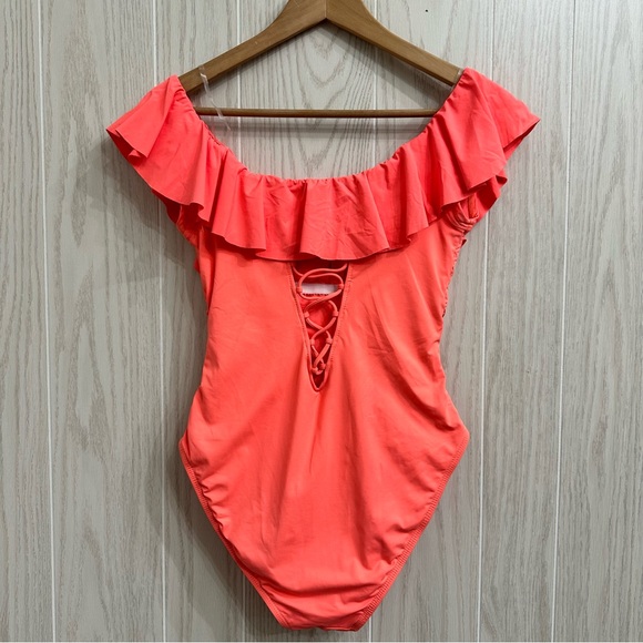 La Blanca Island Goddess Off Shoulder Ruffle One Piece - Hot Coral Swim Suit 10 - Picture 9 of 13